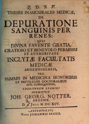 Theses Inaugurales Medicae, De Depuratione Sanguinis Per Renes