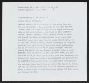 Brief von Margarete Hauptmann an Felix Hollaender