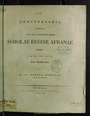 1831: Anniversaria dedicatae ... Scholae Regiae Afranae sacra ... rite celebranda indicit