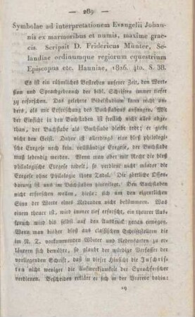 289-290 [Rezension] Münter, Friedrich, Symbolae ad interpretationem Evangelii Johannis ex marmoribus et numis, maxime Graecis