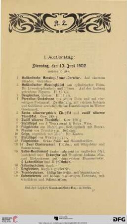 I. Auctionstag (Nr. 1-234)