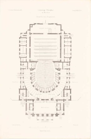 Lessing-Theater, Berlin: Grundriss EG (aus: Atlas zur Zeitschrift für Bauwesen, hrsg. v. Ministerium der öffentlichen Arbeiten, Jg. 39, 1889)