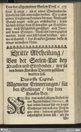 Dritte Abtheilung, Von der Seelen-Cur bey Kranken und Sterbenden, wie sie von denen Kyrchen-Dienern geführet werden soll