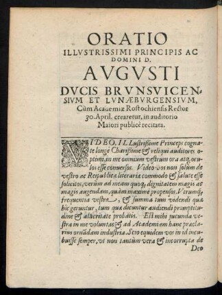 Oratio Illustrissimi Principis Ac Domini D. Augusti Ducis Brunsvicensium ...