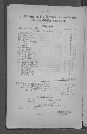 5. Abrechnung des Vereins für confirmirte Sonntagsschüler von 1874.