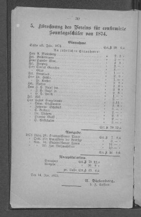 5. Abrechnung des Vereins für confirmirte Sonntagsschüler von 1874.