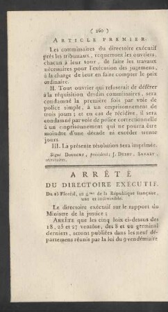 Arrêté Du Directoire Exécutif du 25 Floréal, an 4.mc de la République francaise, une et indivisible = Beschluß Des Vollziehungs-Directoriums. Vom 25ten Floreal 4ten Jahrs der fränkischen ein- und unzertheilbaren Republick