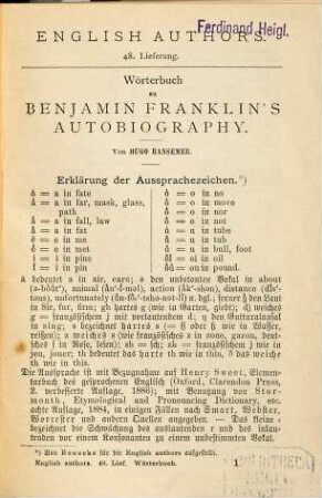 Benjamin Franklin's Autobiography : Mit Anmerkungen zum Schulgebrauch herausgegeben von. K. Mayer. [Franklin (Benj.)], 2