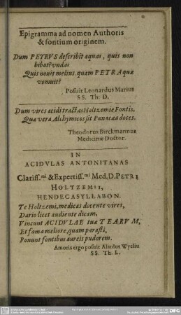 Epigramma ad nomen Authoris & fontium originem
