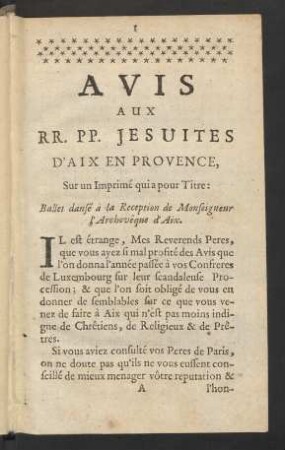 Avis Aux RR. PP. Jesuites D'Aix En Provence, Sur un Imprimé qui a pour Titre: Ballet dansé à la Reception de Monseigneur l'Archevêque d'Aix