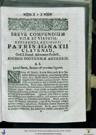 Breve Compendium Vitae et Virtutis Reverendi, Religiosi Patris Ignatii Clavenau
