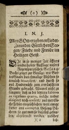 I. N. J. Allen Gott-ergebenen Lieder Freunden Göttlichen Seegen/Friede und Freude im Heiligen Geist.