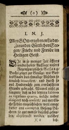 I. N. J. Allen Gott-ergebenen Lieder Freunden Göttlichen Seegen/Friede und Freude im Heiligen Geist.