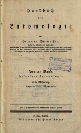 Handbuch der Entomologie, 2,1. Besondere Entomologie ; 1, Schnabelkerfe, Rhynchota