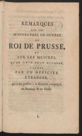 Remarques Sur Les Manoeuvres De Guerre Du Roi De Prusse ...