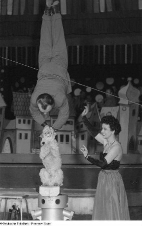 Ein Akrobat mit Assistentin des Faschingsprogramms "Die Kommödianten kommen" des Circus Aeros