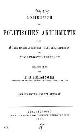 Lehrbuch der politischen Arithmetik für höhere Handelsschulen (Handelsakademien) und zum Selbstunterricht