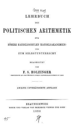 Lehrbuch der politischen Arithmetik für höhere Handelsschulen (Handelsakademien) und zum Selbstunterricht