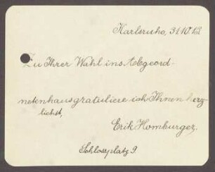 Glückwunschkarte von Erik Homburger, Karlsruhe, an Hermann Hummel, 1 Karte