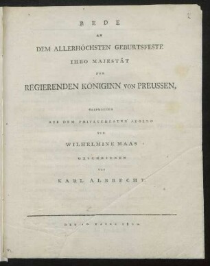 Rede An Dem Allerhöchsten Geburtsfeste Ihro Majestät Der Regierenden Königinn Von Preussen