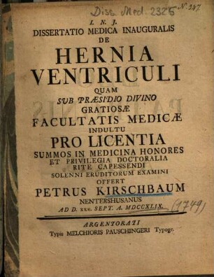 Dissertatio Medica Inauguralis De Hernie Ventriculi