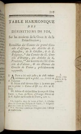 Table Harmonique Des Définitions De Foi, Sur les matières de la Grâce & de la Prédestination;
