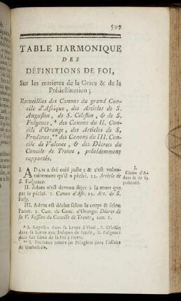 Table Harmonique Des Définitions De Foi, Sur les matières de la Grâce & de la Prédestination;