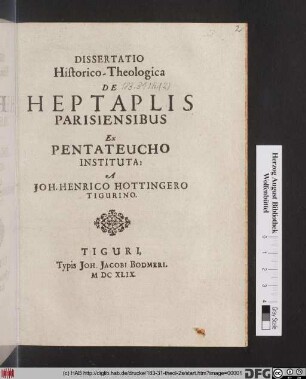 Dissertatio Historico-Theologica De Heptaplis Parisiensibus Ex Pentateucho Instituta