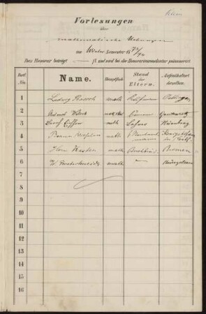 Vorlesungen über mathematische Uebungen im Winter Semester 1873/74