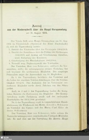 Auszug aus der Niederschrift über die Haupt-Versammlung am 31. August 1905