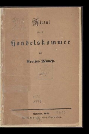 Statut für die Handelskammer des Kreises Lennep