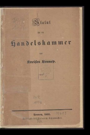 Statut für die Handelskammer des Kreises Lennep