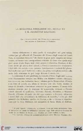 4.1896/97: La Miniatura ferrarese nel secolo XV e il "Decretum Gratiani" : per l'inaugurazione del Museo della miniatura nel salone di Schifanoia in Ferrara