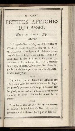 No CXXI (Mardi 24 Aoust 1784)