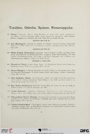 Textilien, Gobelin, Spitzen, Perserteppiche (Nr. 187-220)