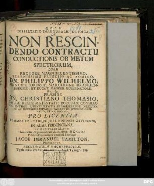 Dissertatio Inauguralis Juridica, De Non Rescindendo Contractu Conductionis Ob Metum Spectrorum
