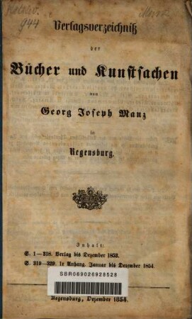 Verlagsverzeichniß der Bücher und Kunstsachen von Georg Joseph Manz in Regensburg