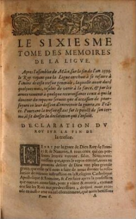 Le ... Recveil, 6. Contenant L'Histoire Des Choses Plvs Memorables Advenves Sovs La Ligue, depuis le commencement de l'an M.D.XCIIII. iusques à la paix accordee entre les Rois de France & d'Espagne, l'an M.D.XCVIII.