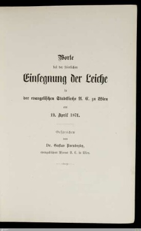 Worte bei der feierlichen Einsegnung der Leiche