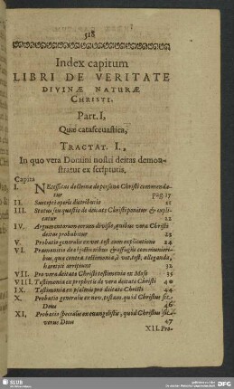 Index capitum Libri De Veritate Divine Naturae Christi