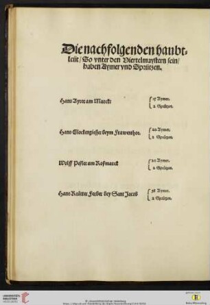 Die nachfolgenden haubtleüt / So vnter den Viertelmaystern sein / haben Aymer vnd Sprützen
