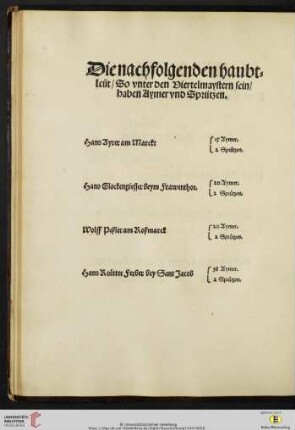 Die nachfolgenden haubtleüt / So vnter den Viertelmaystern sein / haben Aymer vnd Sprützen