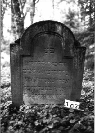Grabstein 167 (Index: 99803199) Material: Sandstein Zustand: unt. leicht verwitt/Akroterien abgebroch Maße HxBxT: 89x69x10 cm Beschreibung: Stele mit eingezog. gestelzt. Rundbogen und profiliert. Rand, Seitenakroterien Symbolik: Seitenakroterien: Grabstein 167