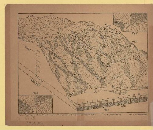 I. Fig.1. Blockdiagrammatische Darstellung eines Küstengebirges mit land- und seeseitigem Abfall, Fig. 2. Flachmündung, Fig. 3. Stufenmündung