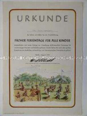 Urkunde für Helfer bei der Durchführung "Frohe Ferientage für alle Kinder"