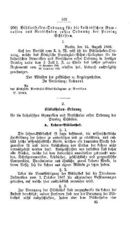 Bibliotheken-Ordnung für die katholischen Gymnasien und Realschulen erster Ordnung der Provinz Schlesien : [III. Gymnasien und Realschulen]]