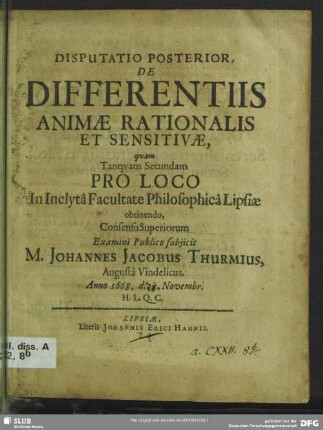 2: Disputatio ... de differentiis animae rationalis et sensitivae