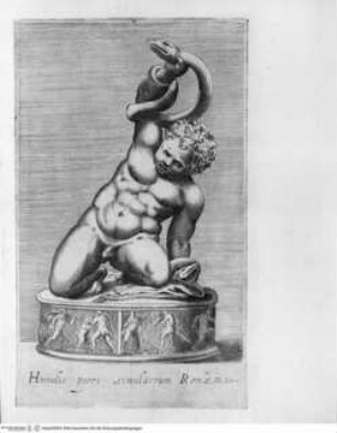 Antiquarum statuarum urbis Romae, quae in publicis privatisque locis visuntur, icones. Romae. Ex typis Laurentii Vaccarii... MDLXXXIIII., Tafel [28]: Herculis pueri simulacrum Romae (nach der Antike)