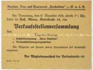 Ankündigung einer Versammlung des Konsum-, Bau- und Sparvereins "Produktion" in Altona