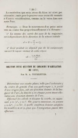 Solution d'une question du concours d'agrégation de 1872.